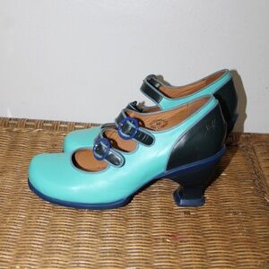 John Fluevog Teal & Navy Mary Jane Heels.  Sz. 10